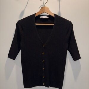 [Zara] Black Button-Up fitted half sleeves Women’s Sweater